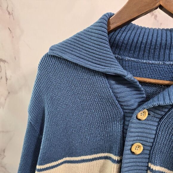 Vintage Sweater Mens XL Light Blue White Striped Henley Button Pullover 90s 80s - Picture 2 of 9